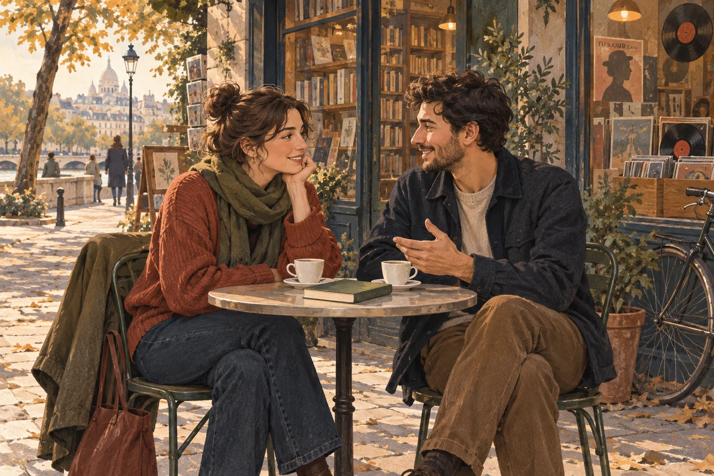 Deux adultes discutent autour d'un café devant une librairie