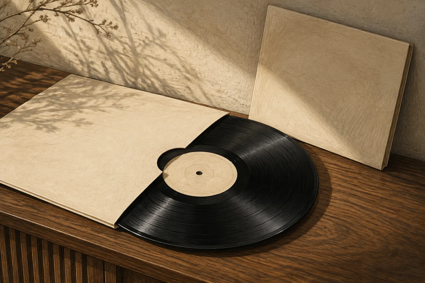 Un disque vinyle et ses pochettes sur un meuble en bois